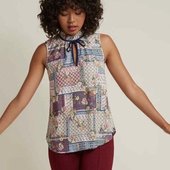 Modcloth Patchwork Tie Neck Sleeveless Blouse - Picture 8 of 8